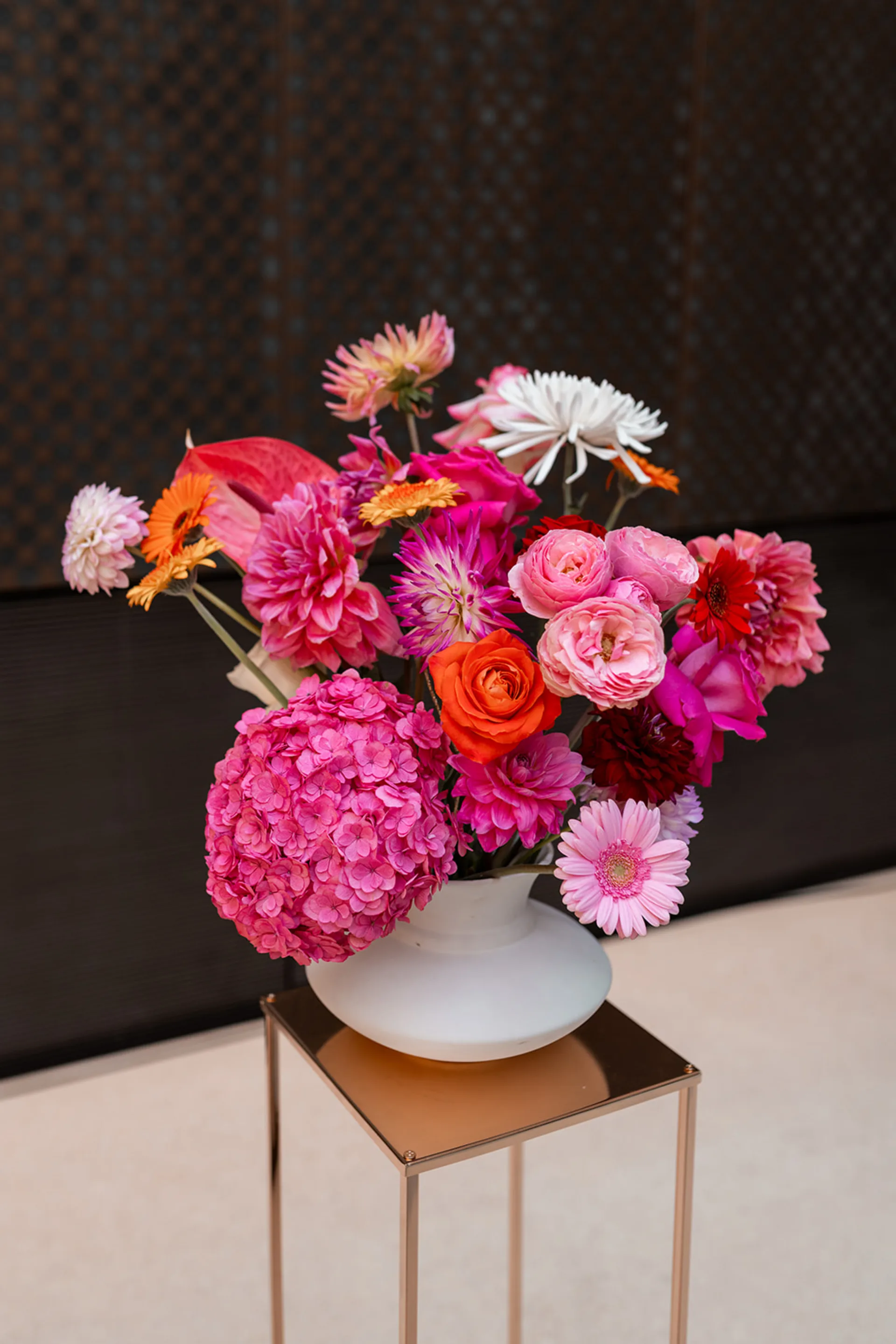 Coral and pink floral arrangement at The Hackney