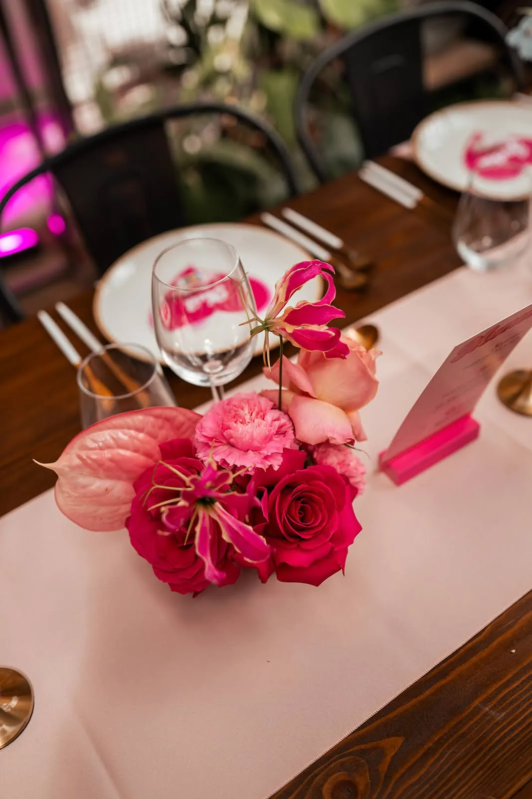 Wedding table setting with flowers and place settings at The Hackney, an intimate East London wedding venue